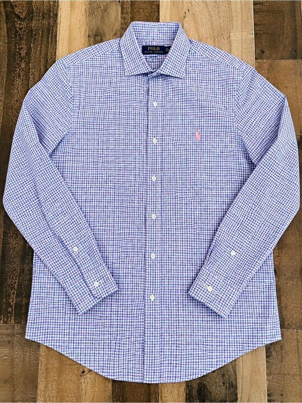 Polo by Ralph Lauren Light Blue and White Checked Dress Shirt with Pink Logo